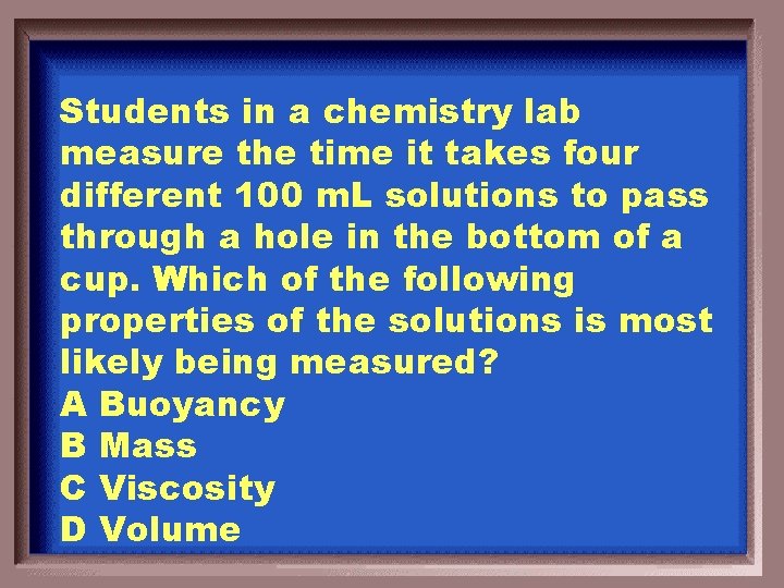 Students in a chemistry lab measure the time it takes four different 100 m.