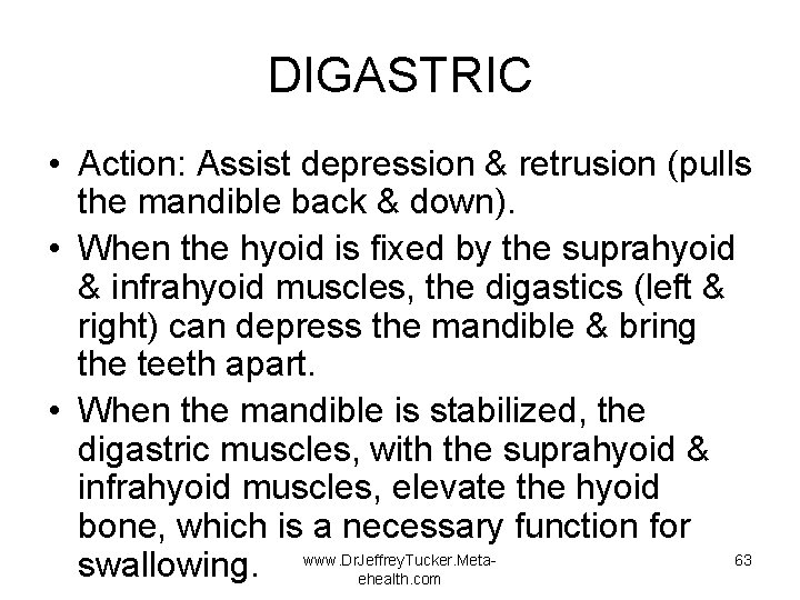 DIGASTRIC • Action: Assist depression & retrusion (pulls the mandible back & down). •