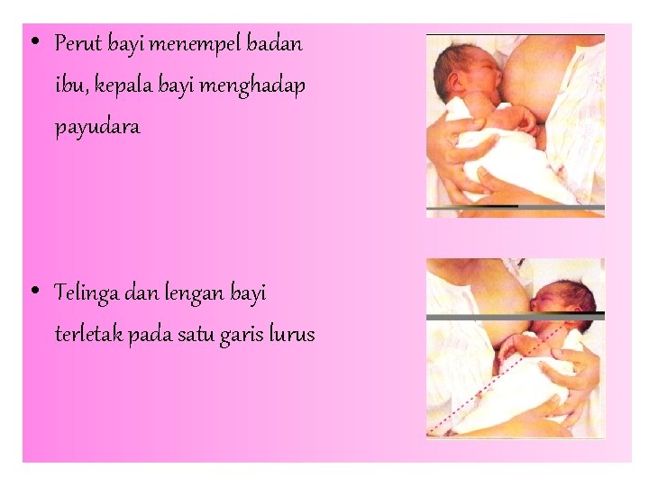  • Perut bayi menempel badan ibu, kepala bayi menghadap payudara • Telinga dan