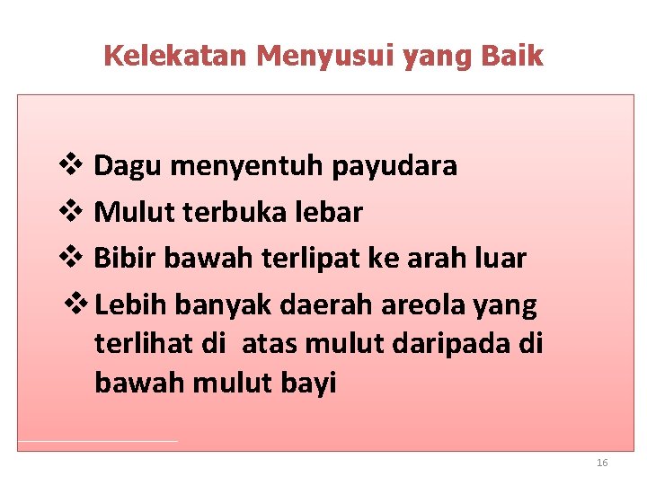 Kelekatan Menyusui yang Baik v Dagu menyentuh payudara v Mulut terbuka lebar v Bibir