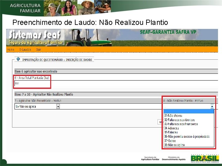 Preenchimento de Laudo: Não Realizou Plantio Preenchimento de Laudo: Não Realizou Plantio