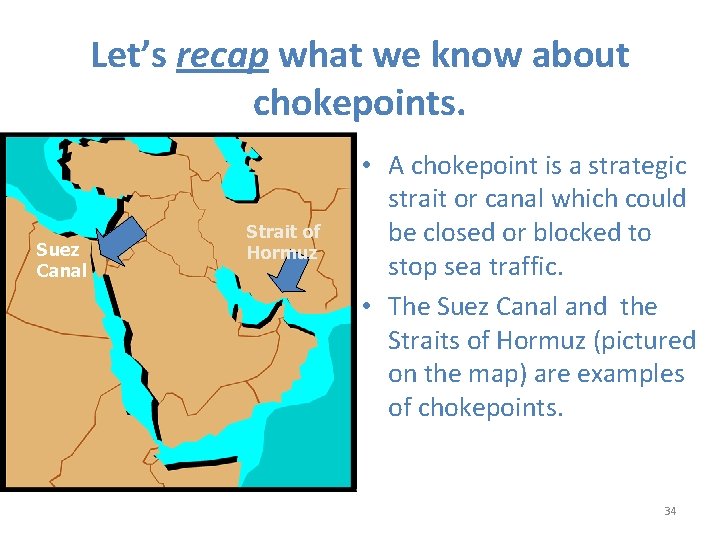 Let’s recap what we know about chokepoints. Suez Canal Strait of Hormuz • A