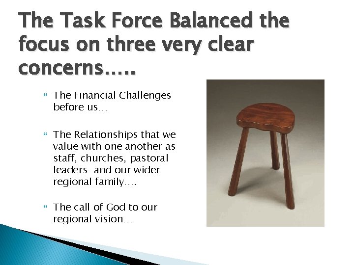 The Task Force Balanced the focus on three very clear concerns…. . The Financial