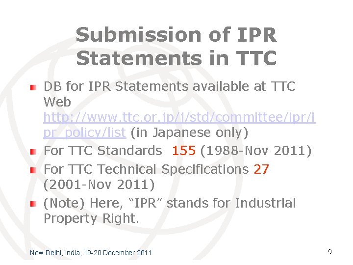 Submission of IPR Statements in TTC DB for IPR Statements available at TTC Web