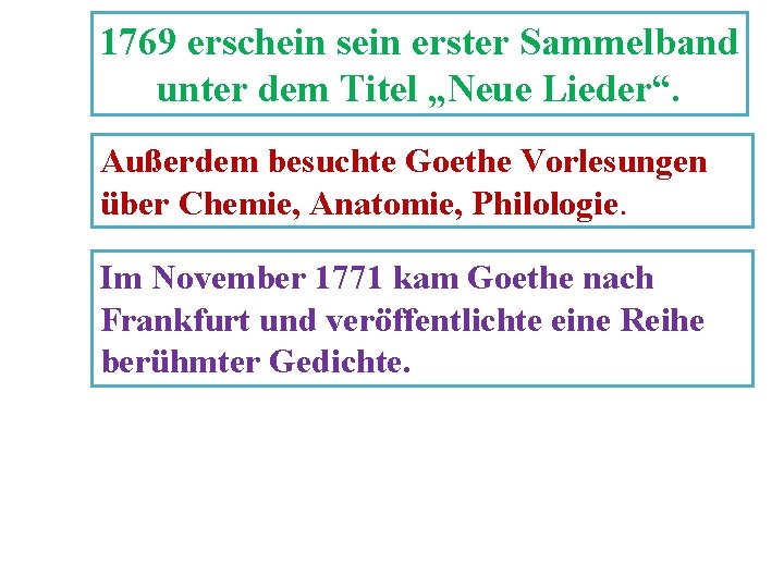 1769 erschein sein erster Sammelband unter dem Titel „Neue Lieder“. Außerdem besuchte Goethe Vorlesungen