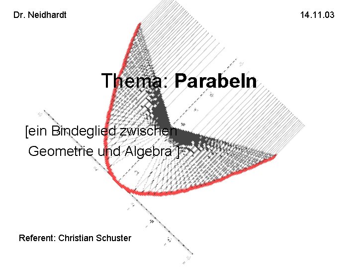 Dr. Neidhardt 14. 11. 03 Thema: Parabeln [ein Bindeglied zwischen Geometrie und Algebra ]