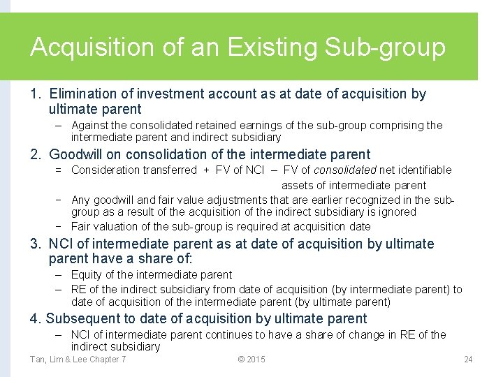 Acquisition of an Existing Sub-group 1. Elimination of investment account as at date of