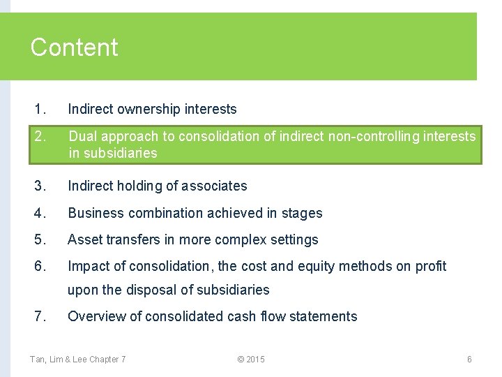 Content 1. Indirect ownership interests Dual approach to consolidation of indirect non-controlling interests 2.