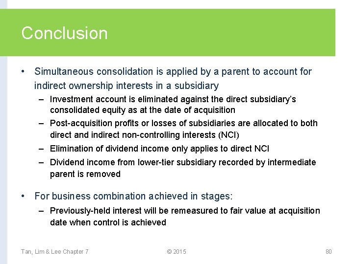 Conclusion • Simultaneous consolidation is applied by a parent to account for indirect ownership