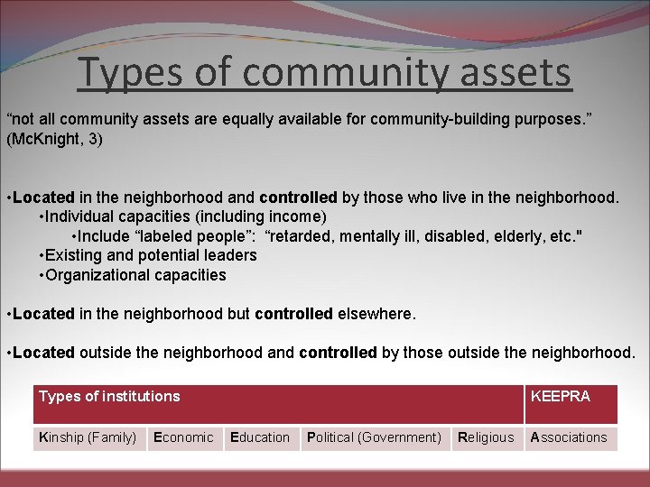 Types of community assets “not all community assets are equally available for community-building purposes.
