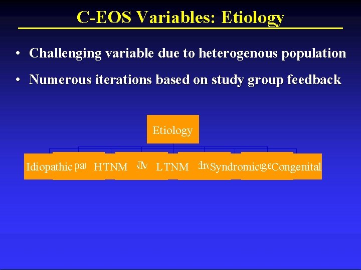 C-EOS Variables: Etiology • Challenging variable due to heterogenous population • Numerous iterations based