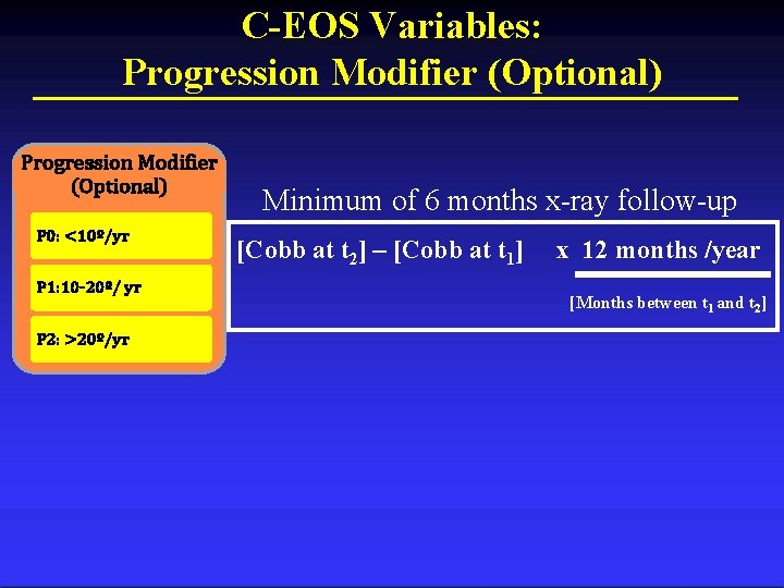 C-EOS Variables: Progression Modifier (Optional) P 0: <10º/yr P 1: 10 -20º/ yr P