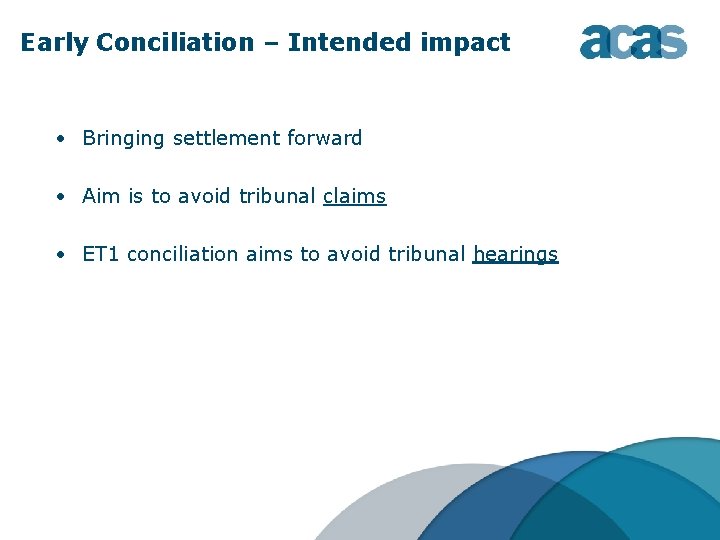 Early Conciliation – Intended impact • Bringing settlement forward • Aim is to avoid Early Conciliation – Intended impact • Bringing settlement forward • Aim is to avoid