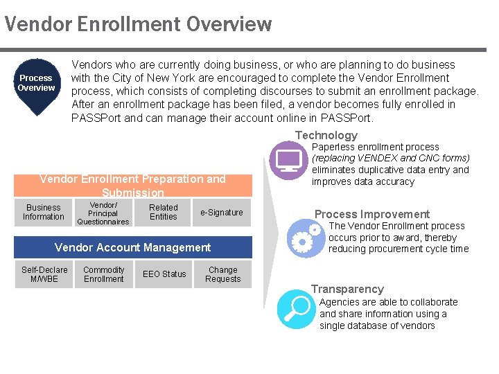 Vendor Enrollment Overview Process Overview Vendors who are currently doing business, or who are