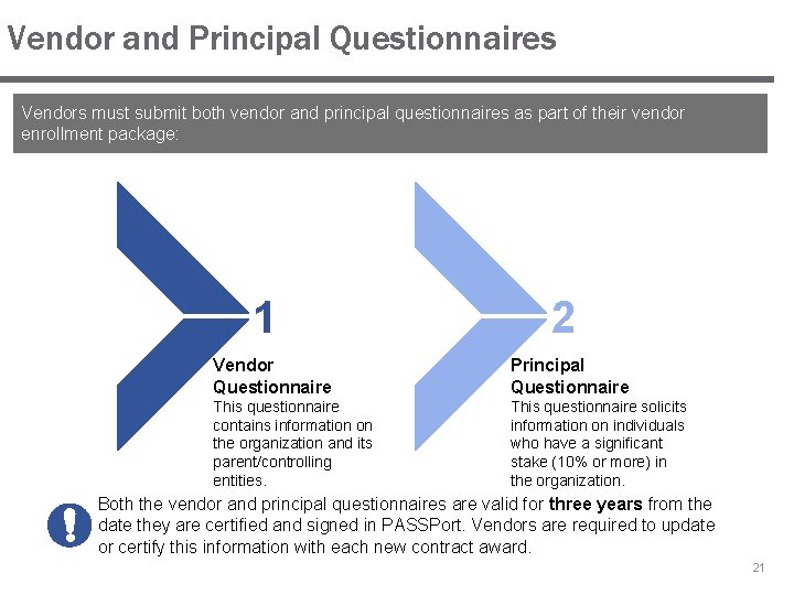 Vendor and Principal Questionnaires Vendors must submit both vendor and principal questionnaires as part