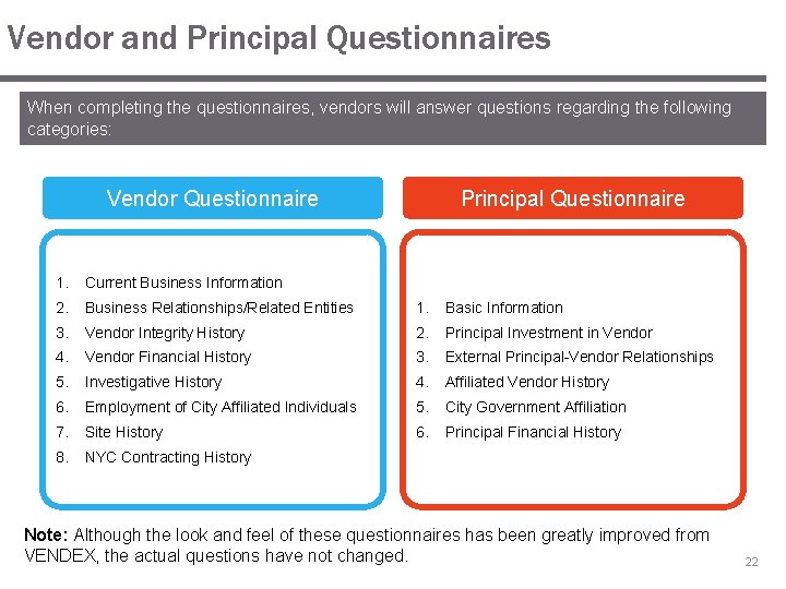 Vendor and Principal Questionnaires When completing the questionnaires, vendors will answer questions regarding the