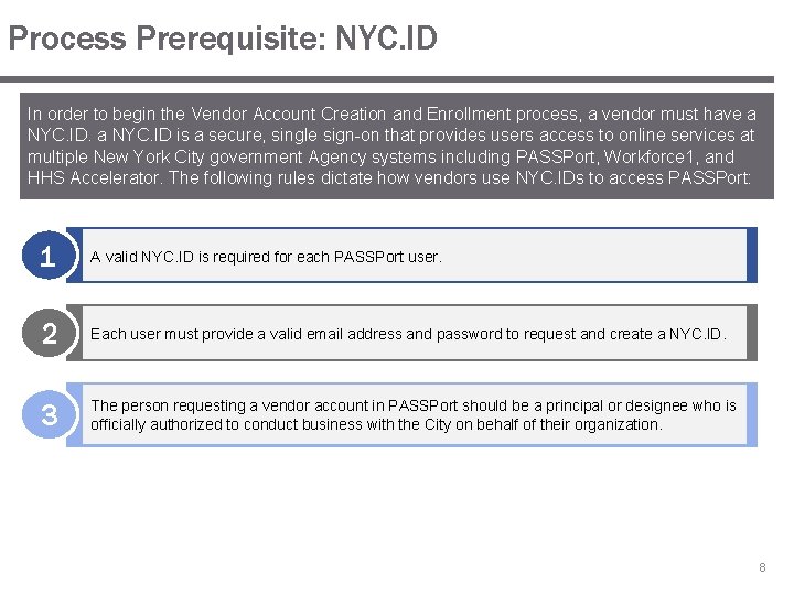 Process Prerequisite: NYC. ID In order to begin the Vendor Account Creation and Enrollment