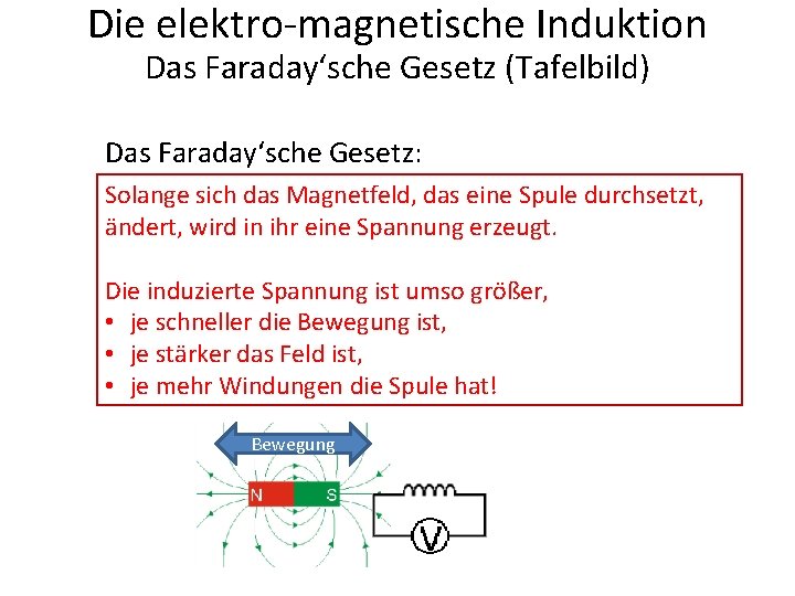 Die elektro-magnetische Induktion Das Faraday‘sche Gesetz (Tafelbild) Das Faraday‘sche Gesetz: Solange sich das Magnetfeld,