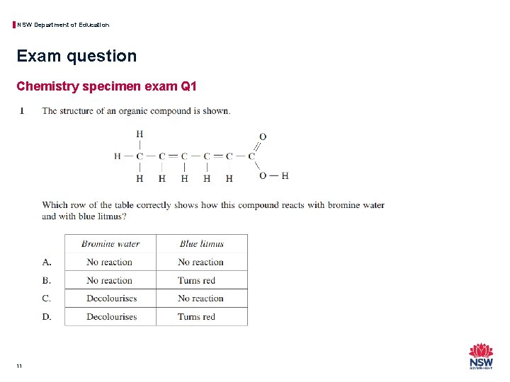 NSW Department of Education Exam question Chemistry specimen exam Q 1 11 