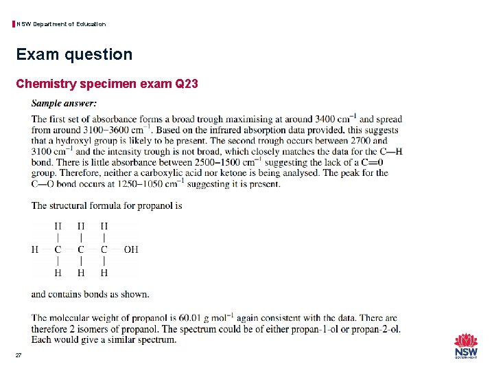 NSW Department of Education Exam question Chemistry specimen exam Q 23 27 