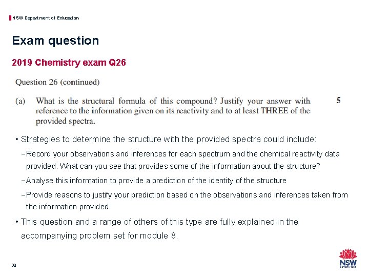 NSW Department of Education Exam question 2019 Chemistry exam Q 26 • Strategies to