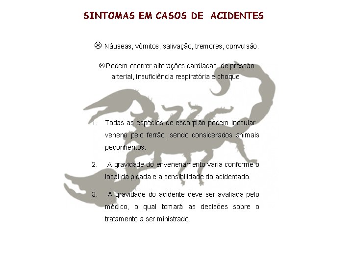 SINTOMAS EM CASOS DE ACIDENTES Náuseas, vômitos, salivação, tremores, convulsão. Podem ocorrer alterações cardíacas,