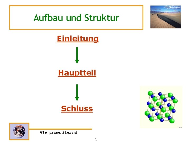 Aufbau und Struktur Einleitung Hauptteil Schluss Wie präsentieren? 5 