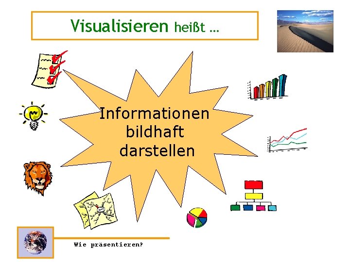 Visualisieren heißt … Informationen bildhaft darstellen Wie präsentieren? 
