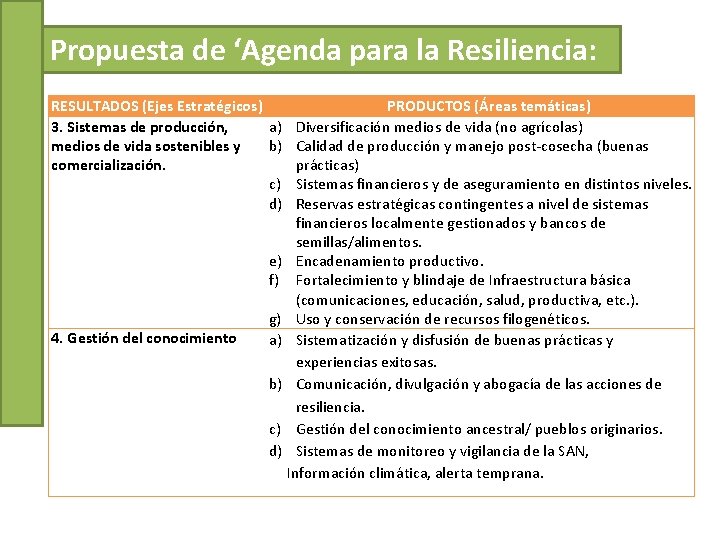 Propuesta de ‘Agenda para la Resiliencia: RESULTADOS (Ejes Estratégicos) PRODUCTOS (Áreas temáticas) 3. Sistemas