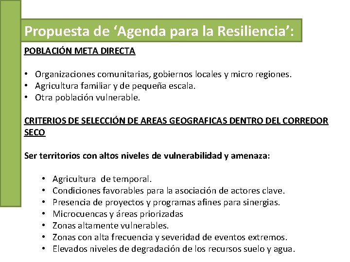 Propuesta de ‘Agenda para la Resiliencia’: POBLACIÓN META DIRECTA • Organizaciones comunitarias, gobiernos locales