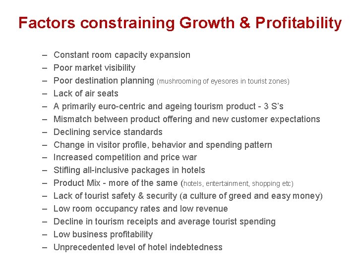 Factors constraining Growth & Profitability – – – – Constant room capacity expansion Poor