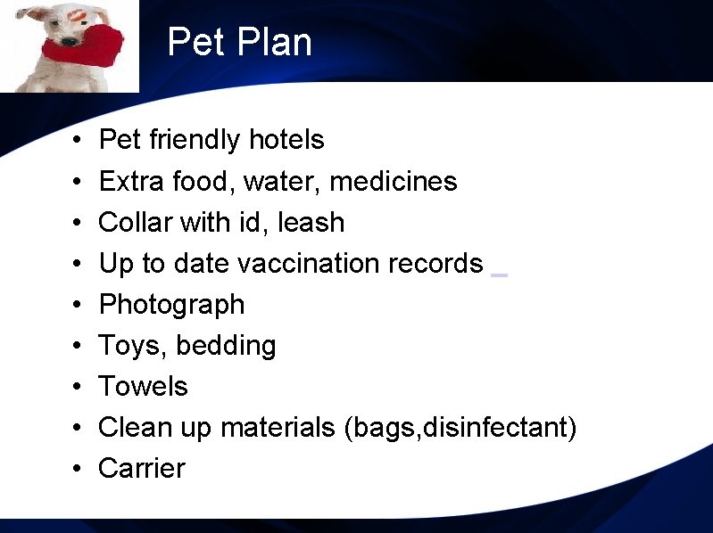 Pet Plan • • • Pet friendly hotels Extra food, water, medicines Collar with