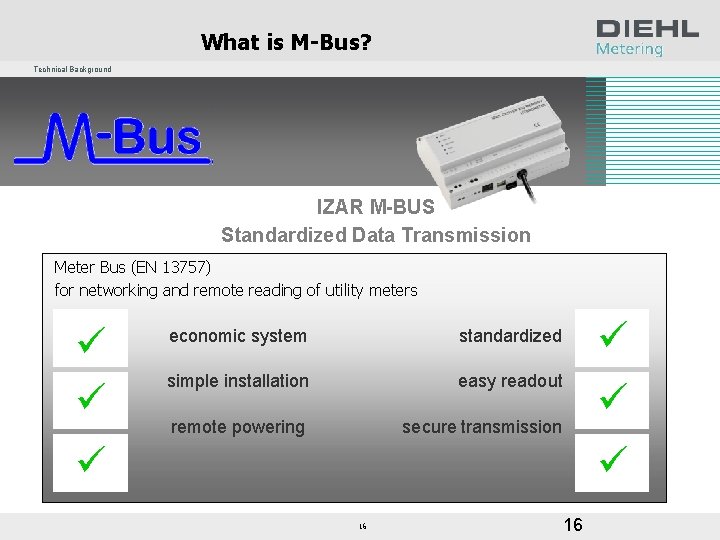 What is M-Bus? Technical Background IZAR M-BUS Standardized Data Transmission Meter Bus (EN 13757)