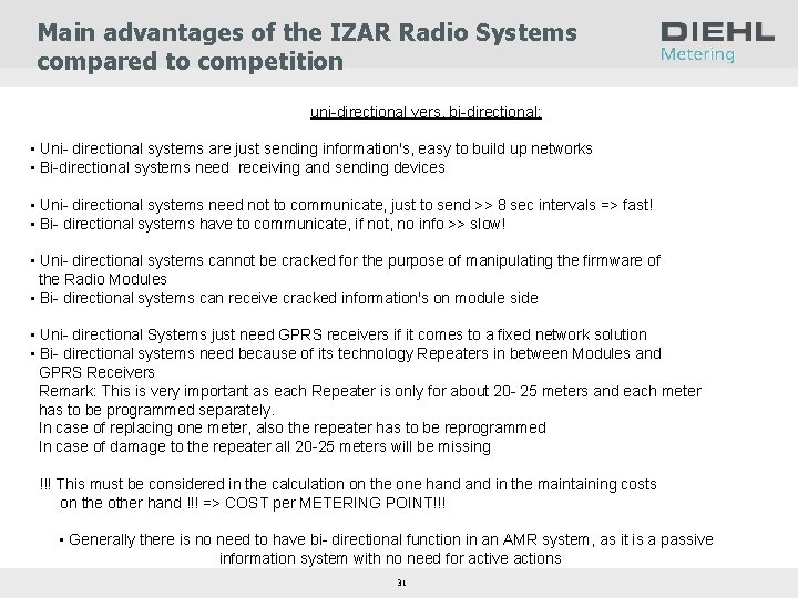 Main advantages of the IZAR Radio Systems compared to competition uni-directional vers. bi-directional: •