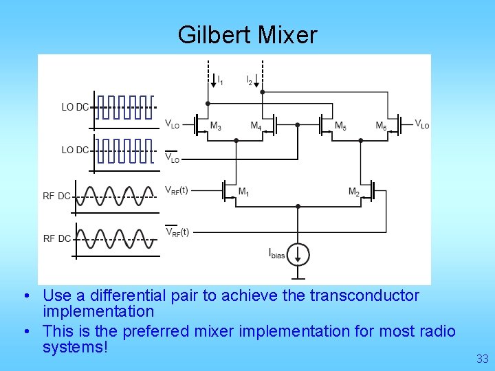 Gilbert Mixer • Use a differential pair to achieve the transconductor implementation • This