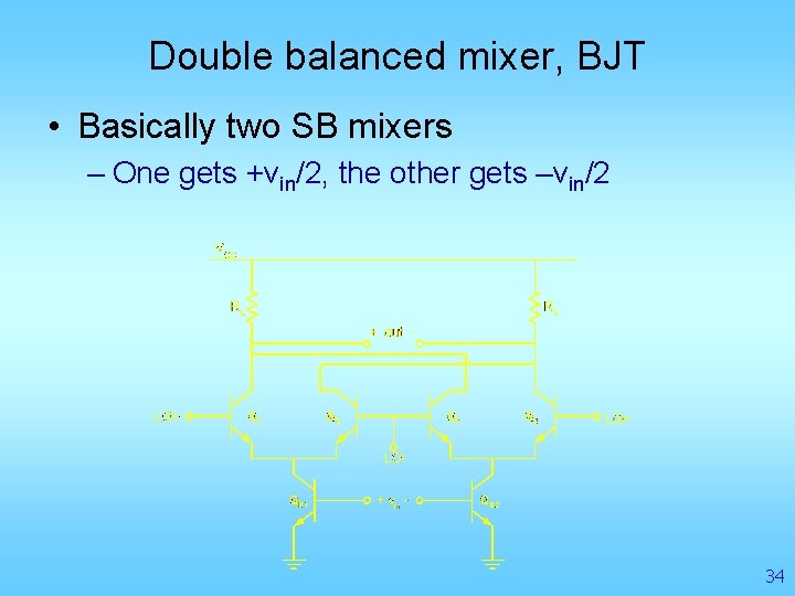 Double balanced mixer, BJT • Basically two SB mixers – One gets +vin/2, the