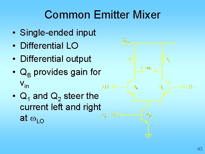 Common Emitter Mixer • • Single-ended input Differential LO Differential output QB provides gain