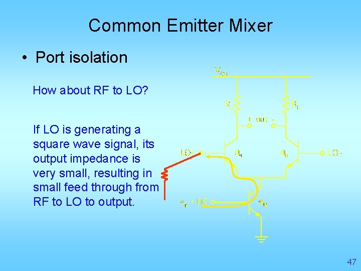 Common Emitter Mixer • Port isolation How about RF to LO? If LO is