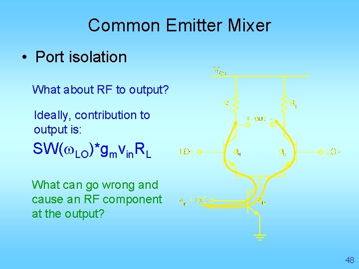 Common Emitter Mixer • Port isolation What about RF to output? Ideally, contribution to