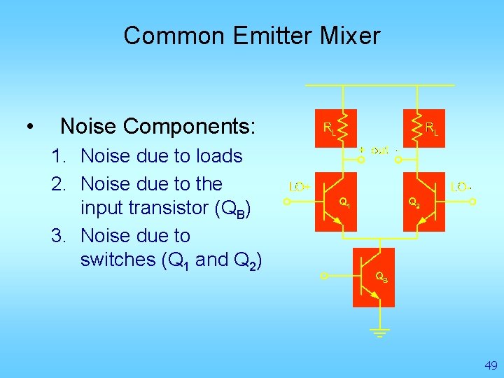 Common Emitter Mixer • Noise Components: 1. Noise due to loads 2. Noise due