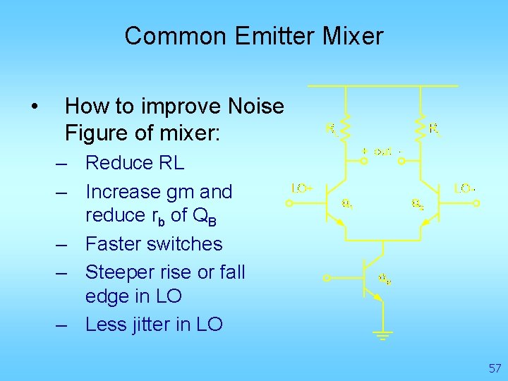 Common Emitter Mixer • How to improve Noise Figure of mixer: – Reduce RL