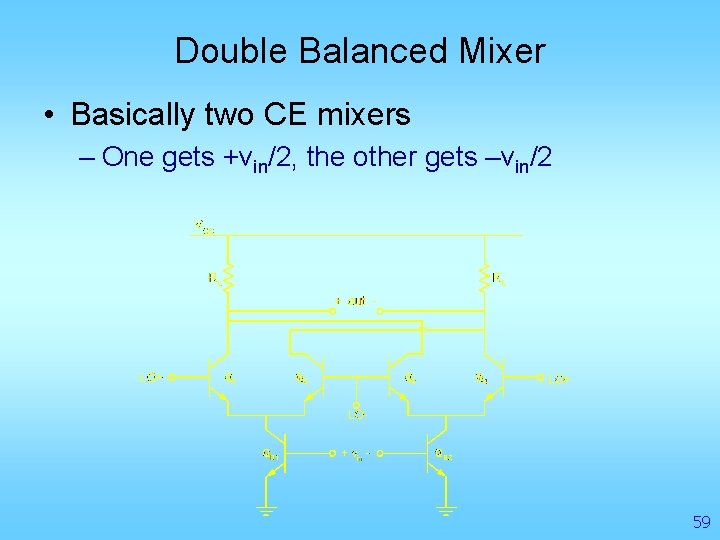 Double Balanced Mixer • Basically two CE mixers – One gets +vin/2, the other