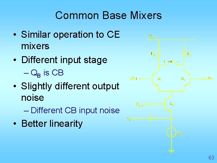 Common Base Mixers • Similar operation to CE mixers • Different input stage –