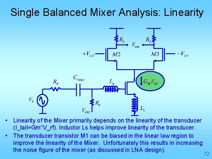 Single Balanced Mixer Analysis: Linearity • Linearity of the Mixer primarily depends on the