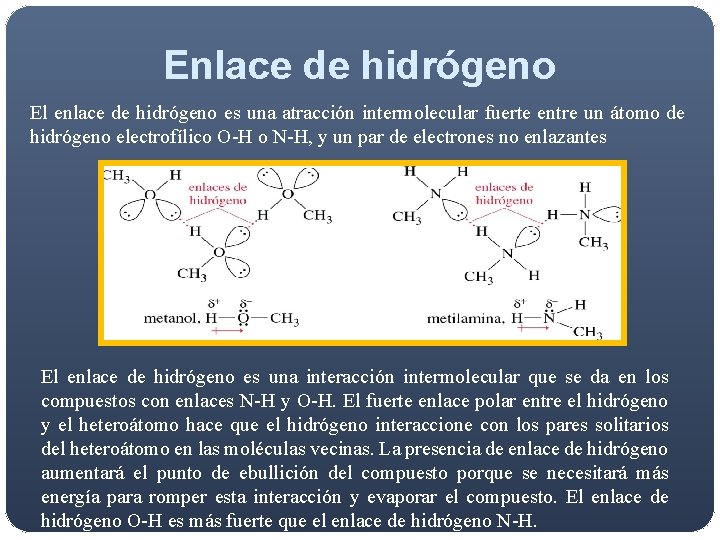 Enlace de hidrógeno El enlace de hidrógeno es una atracción intermolecular fuerte entre un Enlace de hidrógeno El enlace de hidrógeno es una atracción intermolecular fuerte entre un