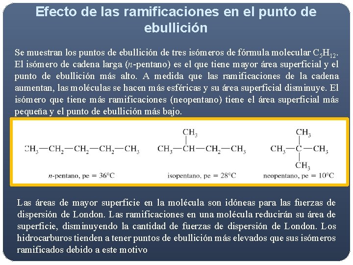 Efecto de las ramificaciones en el punto de ebullición Se muestran los puntos de Efecto de las ramificaciones en el punto de ebullición Se muestran los puntos de