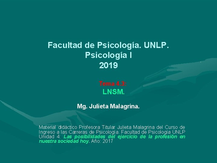 Facultad de Psicología. UNLP. Psicología I 2019 Tema 4. 3: LNSM. Mg. Julieta Malagrina.