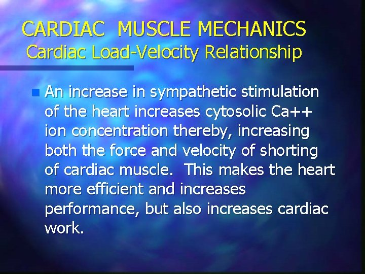 CARDIAC MUSCLE MECHANICS Cardiac Load-Velocity Relationship n An increase in sympathetic stimulation of the