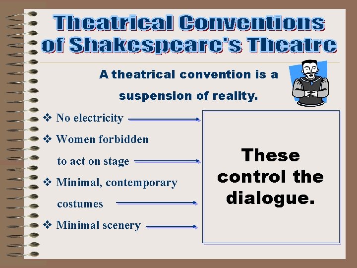 A theatrical convention is a suspension of reality. v No electricity v Women forbidden