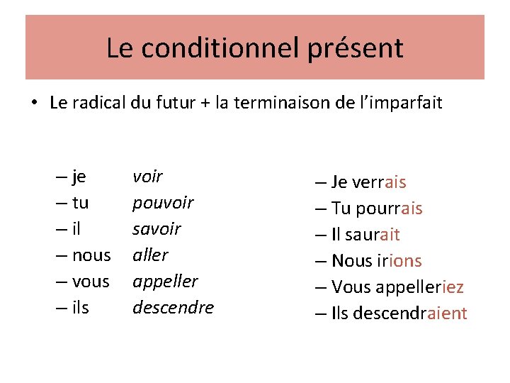 Le conditionnel présent • Le radical du futur + la terminaison de l’imparfait –